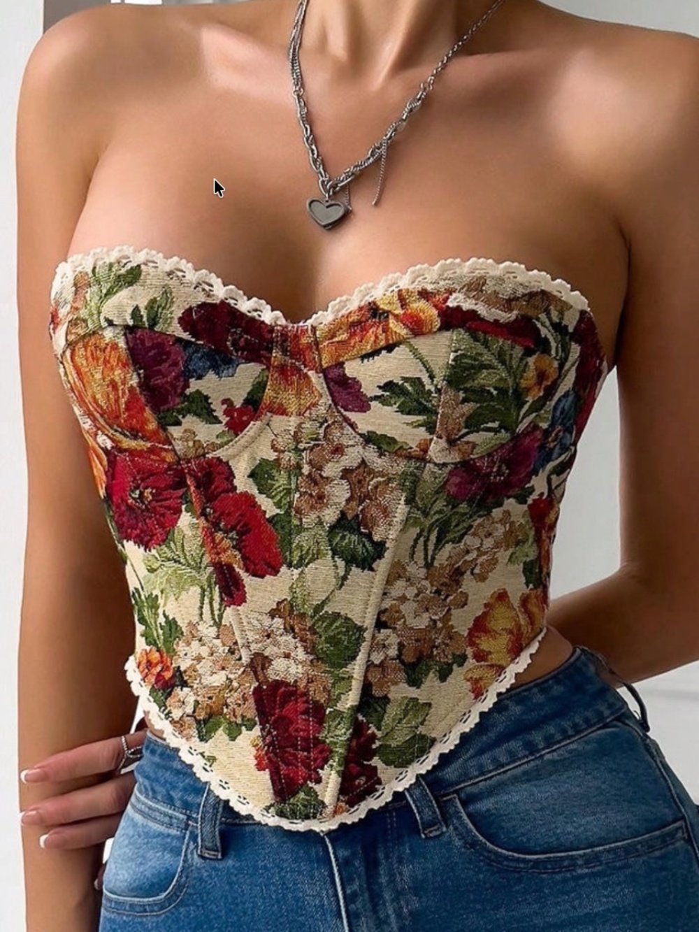 Classic Floral Print Strapless Corset bustier Cropped Top